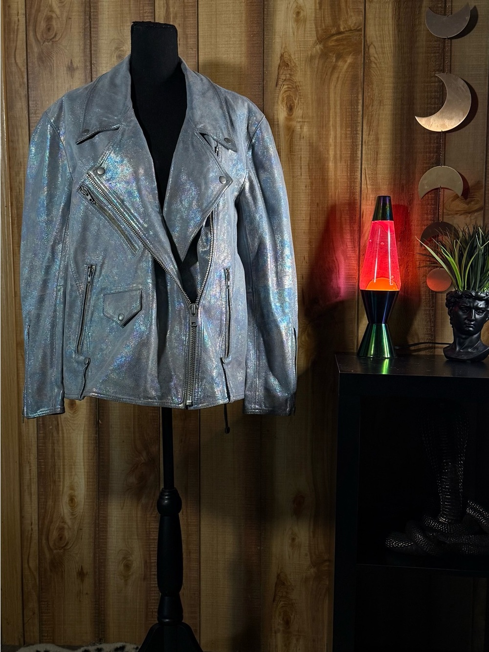 We The Free Iridescent Silver Leather Moto Jacket